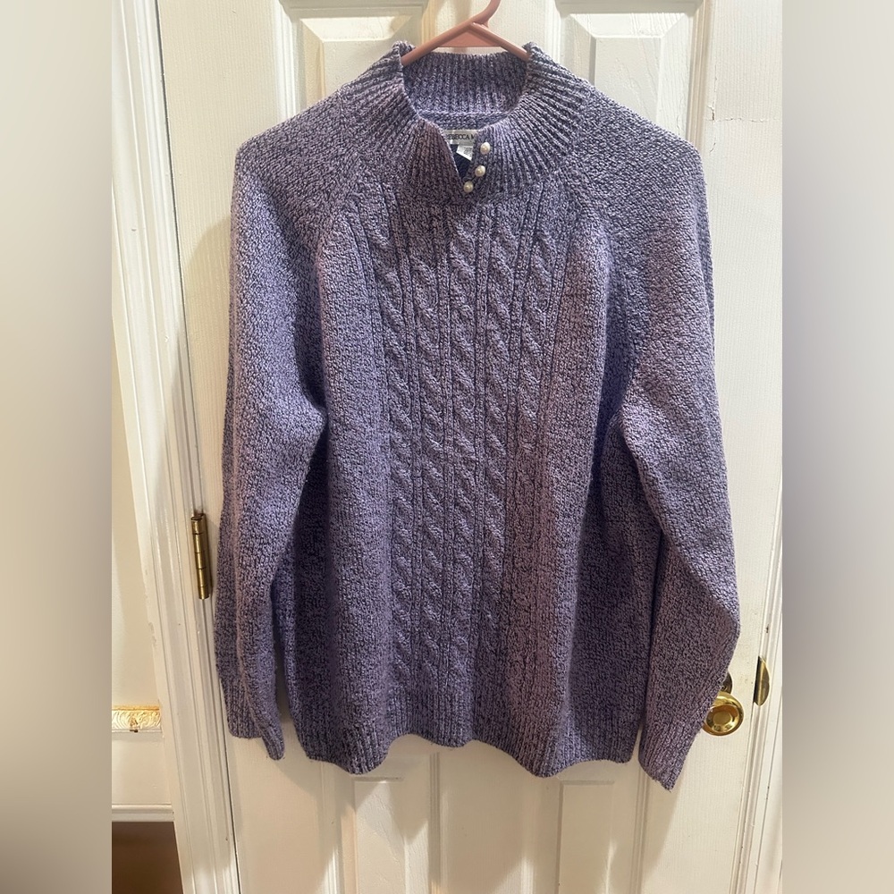 Rebecca Malone Purple Chunky Cable knit Sweater Grannycore Pearl Details L